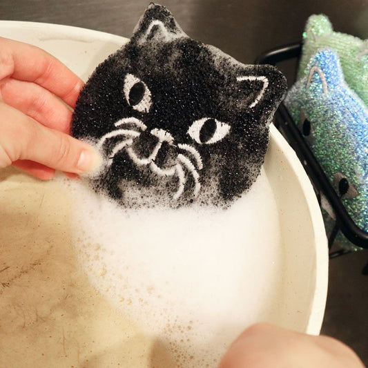 Kikkerland Cat Sponges set di 3 spugne a forma di gatto blu verde e nero