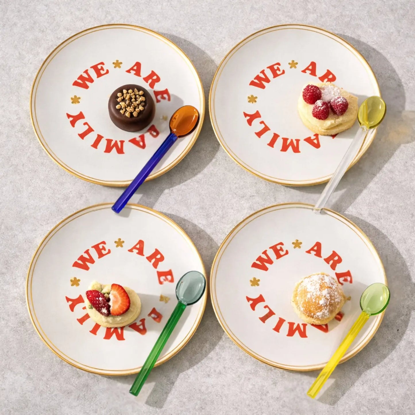 Set 4 dessert condiviso con piattini Bitossi Home We Are Family e cucchiaini Brandani in vetro