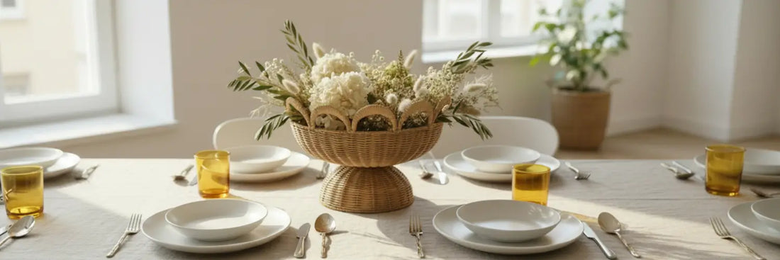 Tavola apparecchiata con stile: piatti in ceramica bianca, cestino decorativo in rattan Vanilla Fly come centrotavola, bicchieri ambra KnIndustrie Lime Line e posate Bamboo Bitossi Home con manico dorato