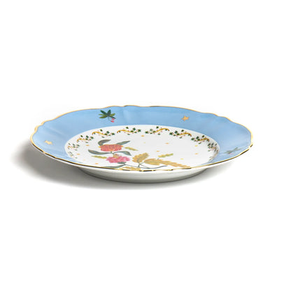 Piatto Piano Profumo Fiore Bitossi Home vista laterale con bordo azzurro e filettatura dorata