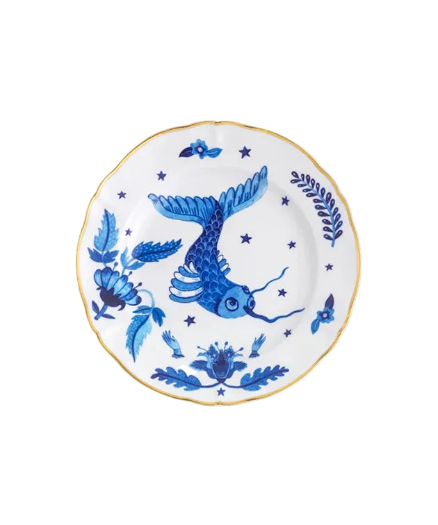 Piatto Frutta Marino Pesce Bitossi Home con pesce blu illustrato e bordo dorato