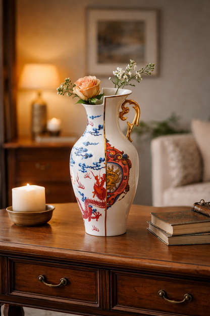 Vaso Seletti Hybrid Adelma con fiori su consolle in legno