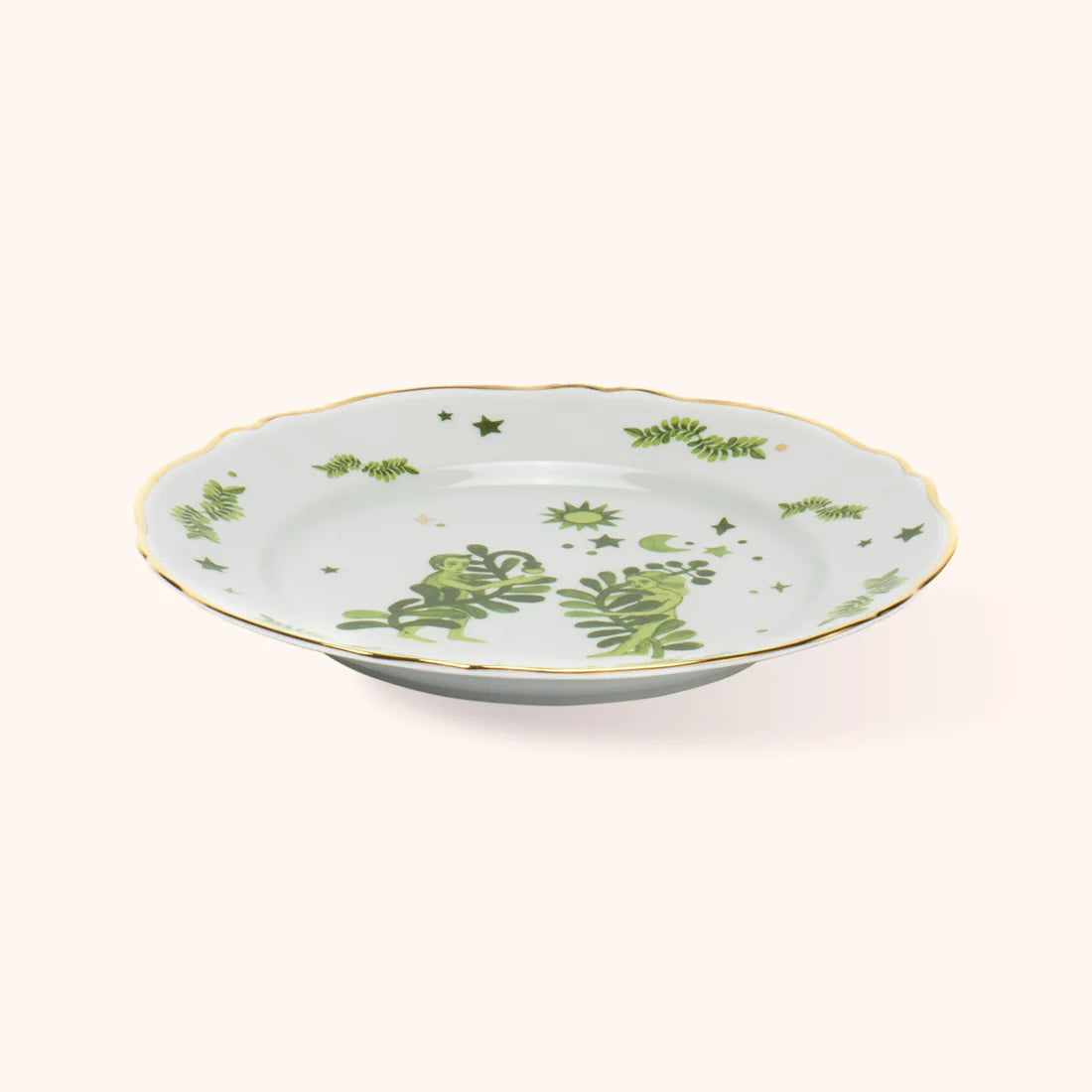 Piatto Piano Eden Floreale Bitossi Home vista laterale con decoro verde e bordo dorato