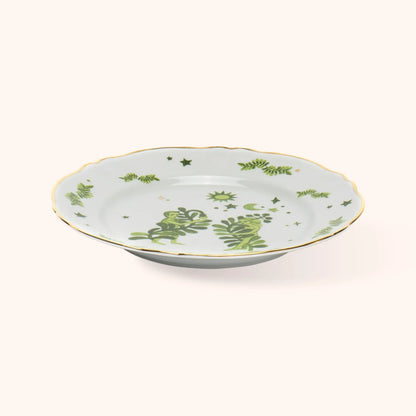 Piatto Piano Eden Floreale Bitossi Home vista laterale con decoro verde e bordo dorato