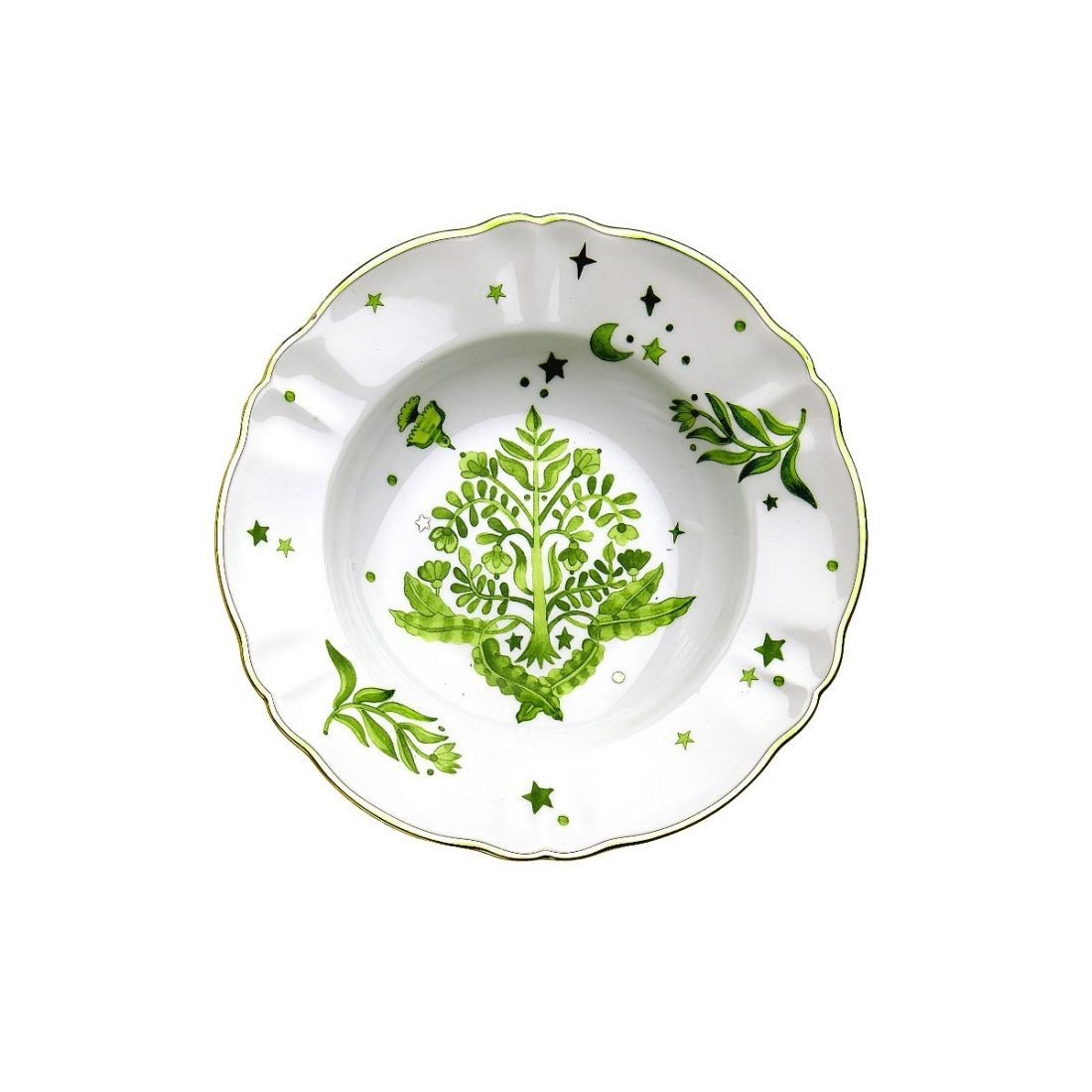 Piatto Fondo Eden Floreale Bitossi Home con decoro botanico verde e bordo dorato