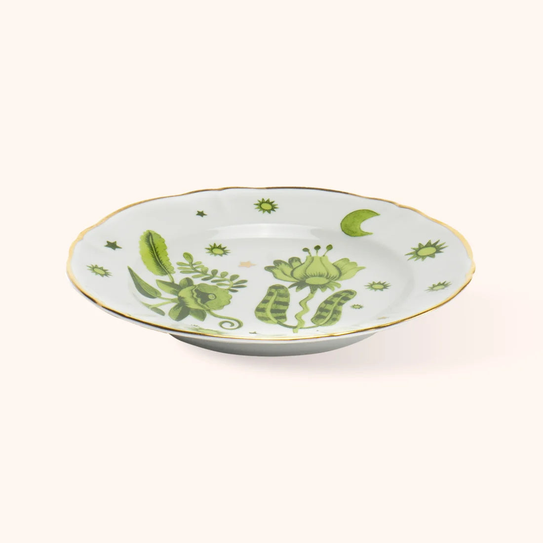 Piatto Frutta Eden Floreale Bitossi Home vista laterale con decoro verde e bordo dorato