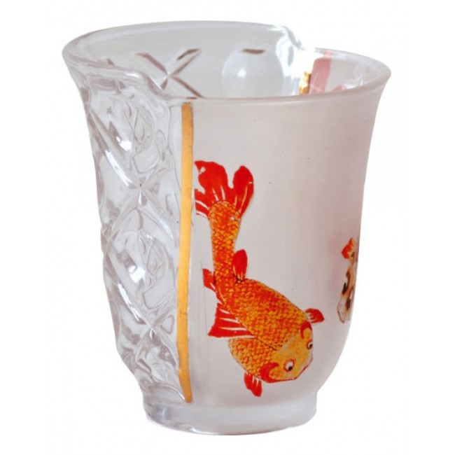 Bicchiere Seletti Hybrid Aglaura con decoro arancione e vetro trasparente