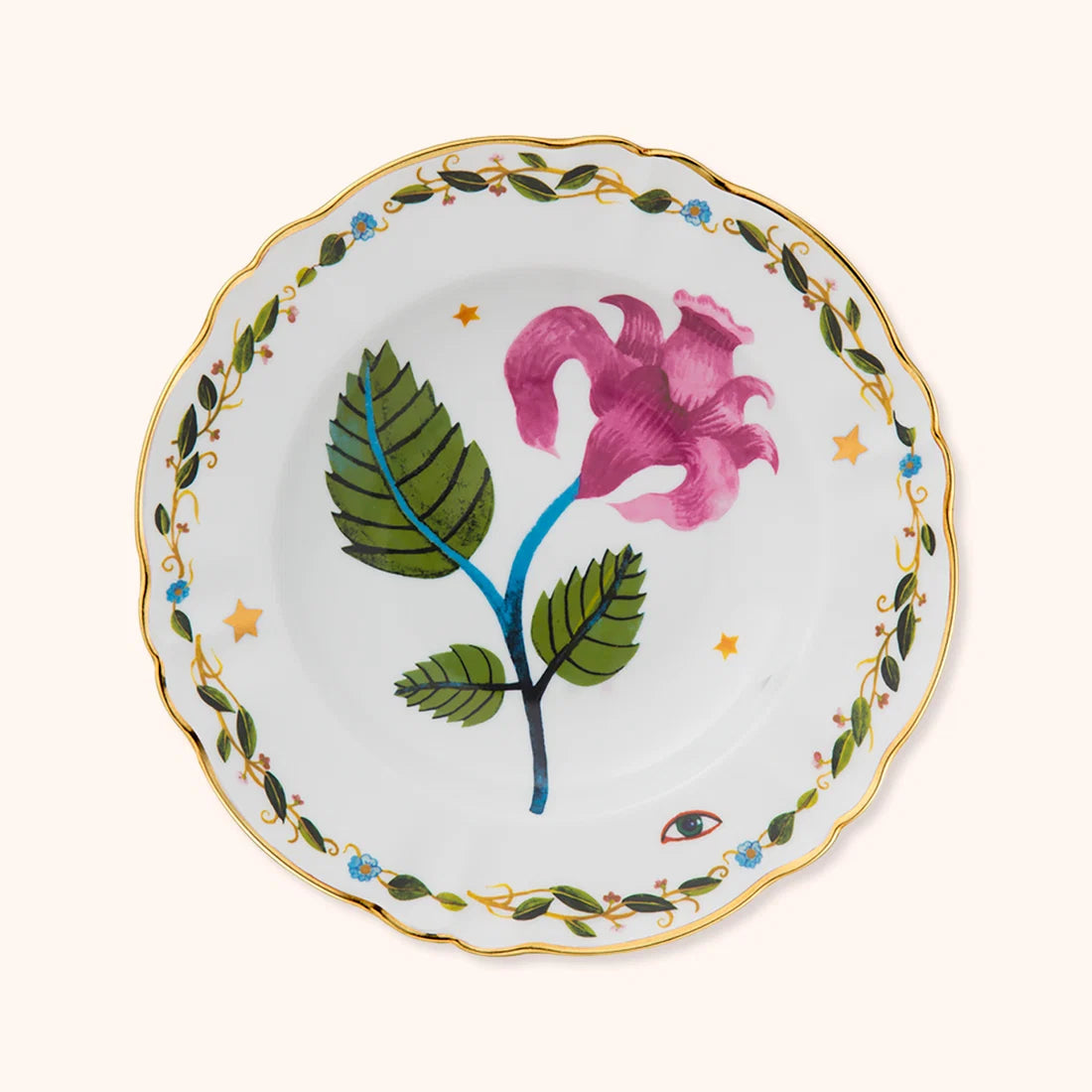 Piatto Fondo Profumo Fiore Bitossi Home con decoro floreale rosa e bordo dorato