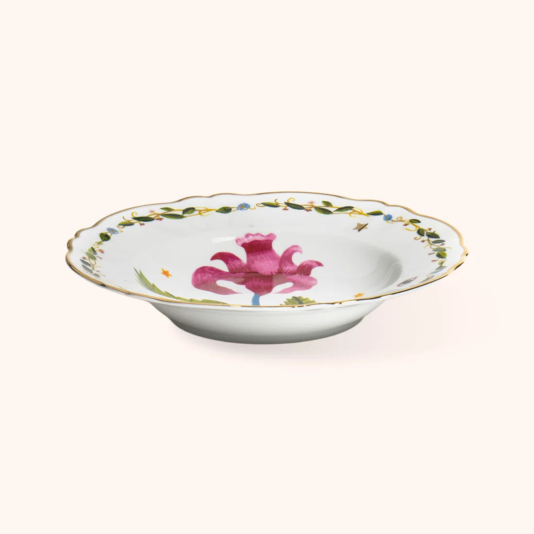 Piatto Fondo Profumo Fiore Bitossi Home vista laterale con decoro floreale rosa e bordo dorato