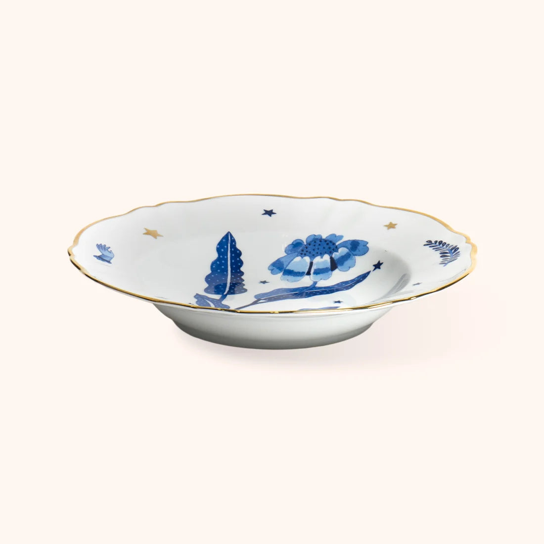 Piatto Fondo Marino Fiore Blu Bitossi Home vista laterale con decoro blu e bordo dorato