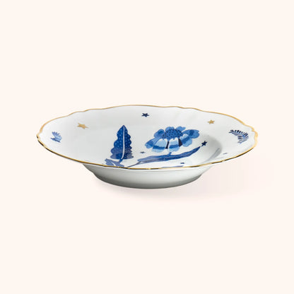Piatto Fondo Marino Fiore Blu Bitossi Home vista laterale con decoro blu e bordo dorato