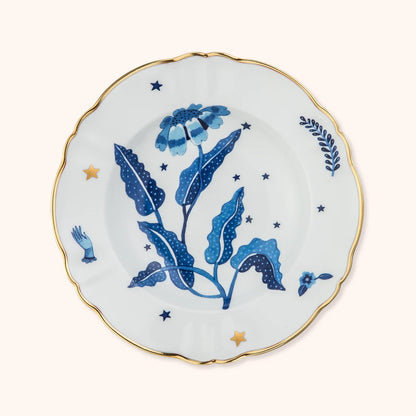 Piatto Fondo Marino Fiore Blu Bitossi Home con decoro floreale blu e bordo dorato