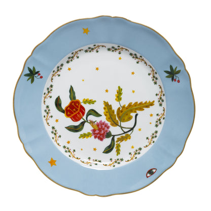 Piatto Piano Profumo Fiore Bitossi Home con bordo azzurro e decoro floreale