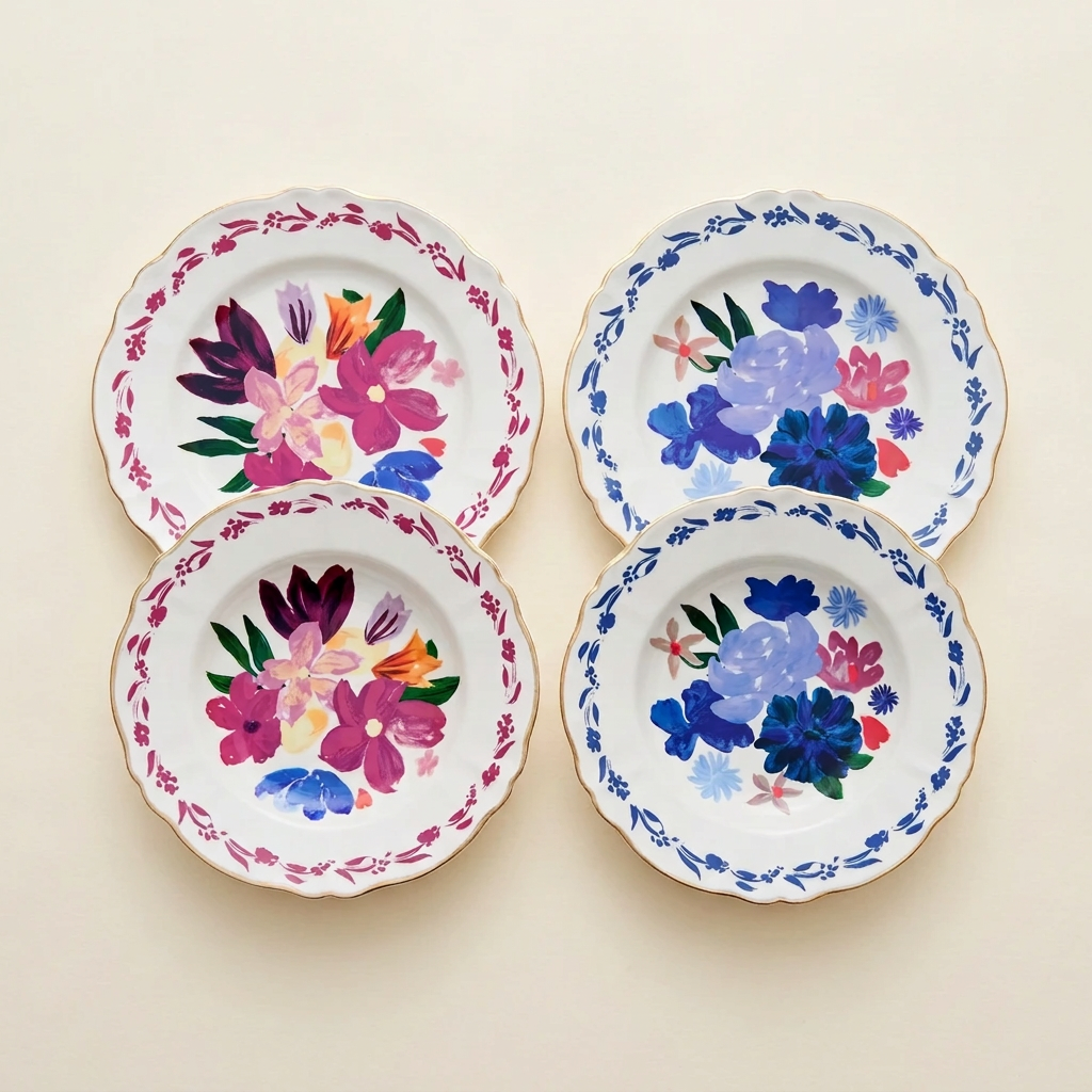 Dettaglio essenziale dei piatti Dipinto Bouquet blu e porpora