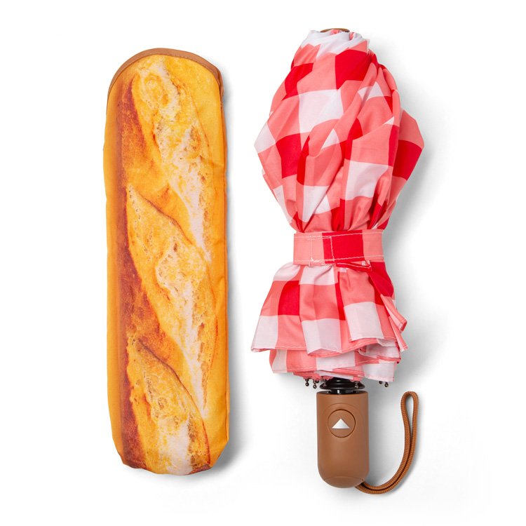 Foto principale: Ombrello pieghevole Kikkerland Baguette con custodia stampata a forma di pane