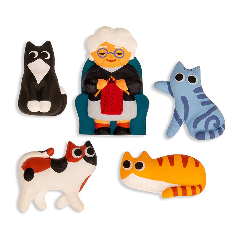Foto principale: Kikkerland Cat Lady Magnets set di 5 magneti con quattro gatti e una signora in poltrona