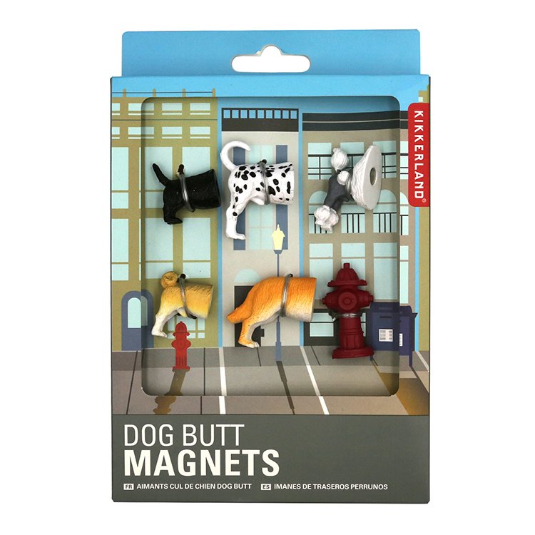 Foto principale: Kikkerland Dog Butt Magnets set di 6 magneti con cinque cani visti da dietro e idrante rosso