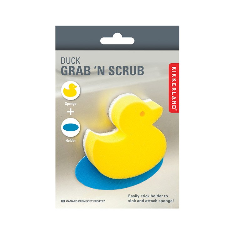 Kikkerland Duck Grab ’n’ Scrub nella confezione con spugna papera e supporto per lavello