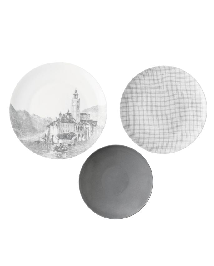 Posto tavola KnIndustrie Paesaggi Viaggio in Italia in porcellana Fine Bone China, tre piatti su fondo bianco