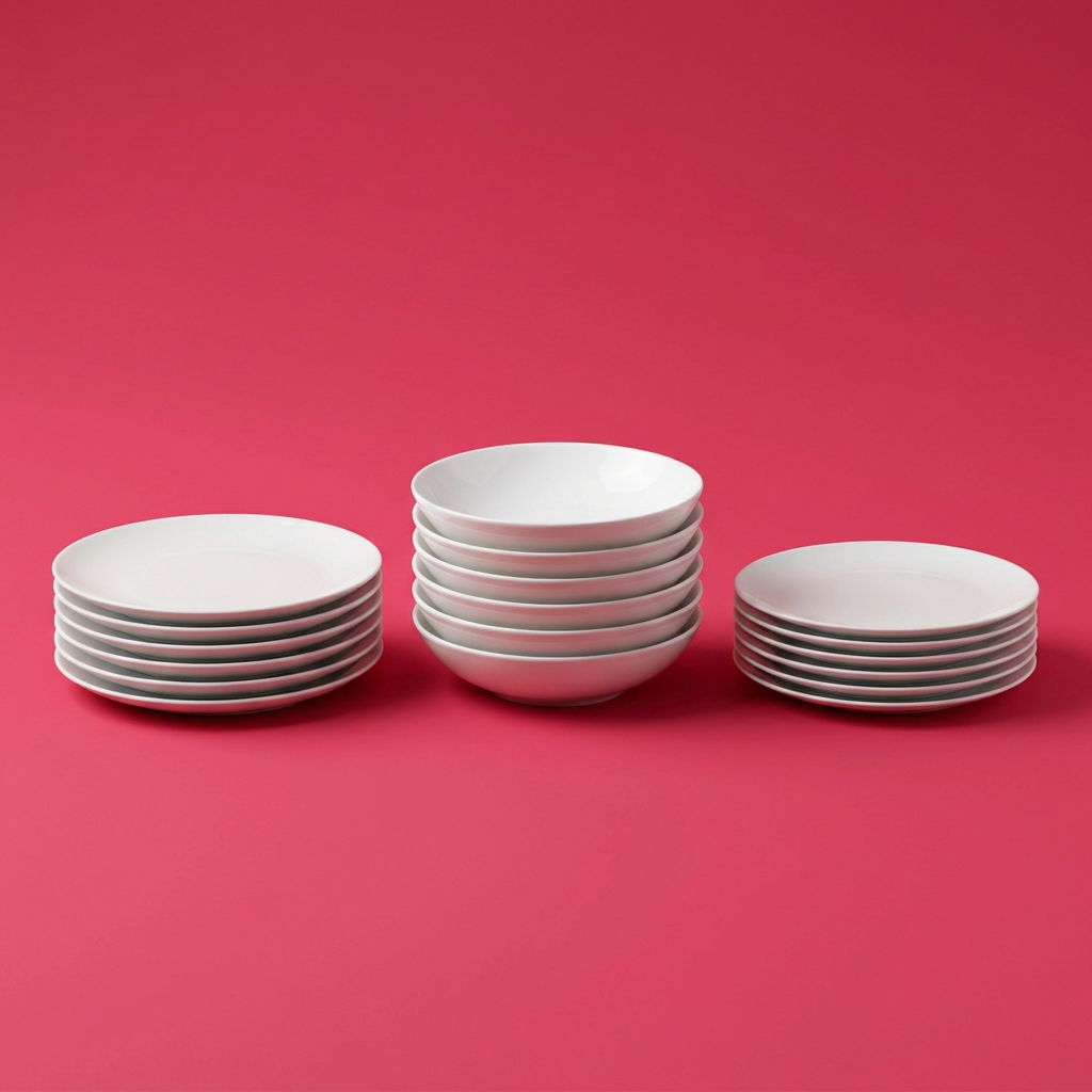 Le tre pile dei piatti Minimal riunite in un'unica immagine su fondo fucsia