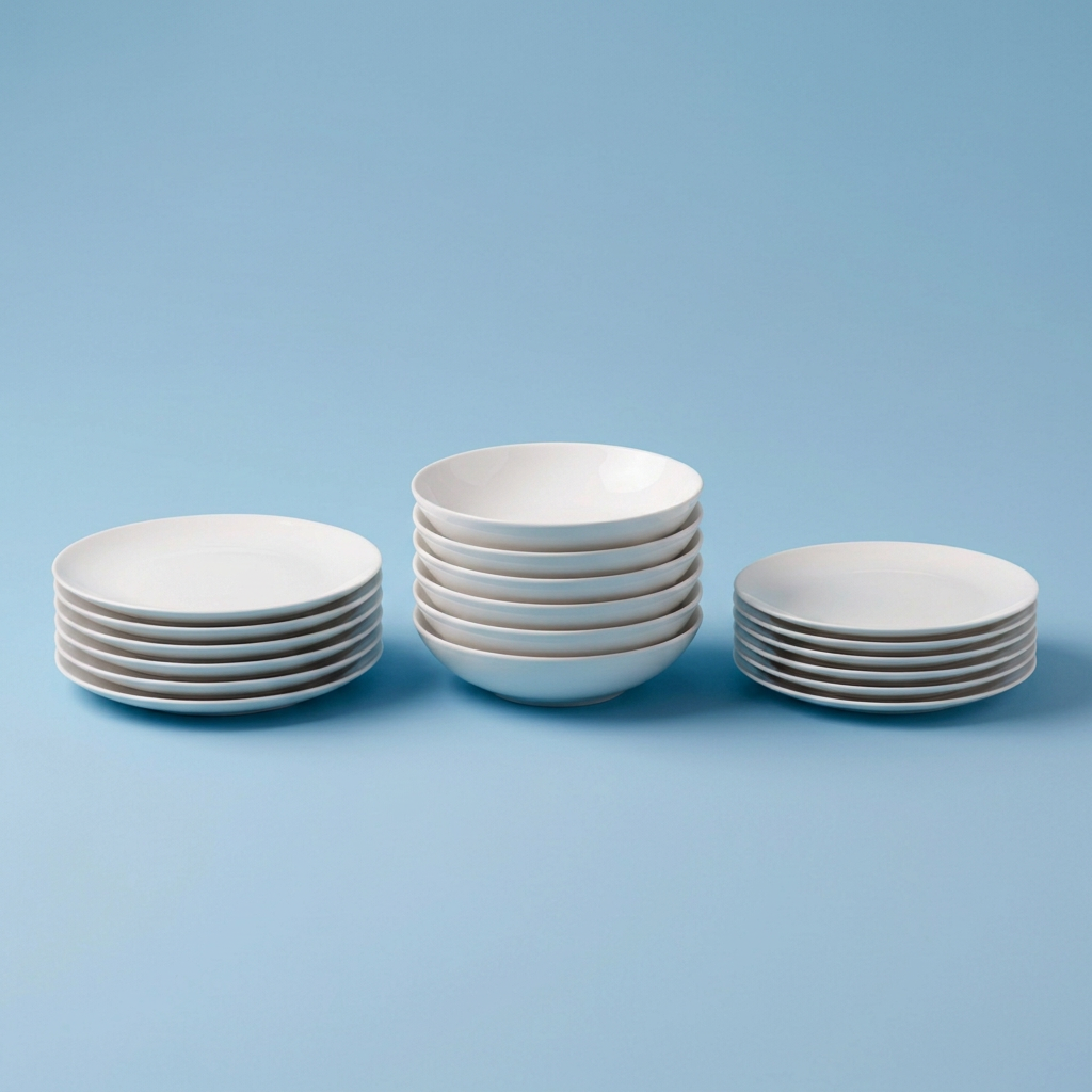 Le tre pile dei piatti Minimal su sfondo azzurro chiaro