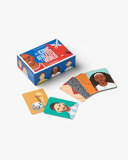 Gioco memory sport Printworks Iconic Athletes con scatola blu e carte illustrate