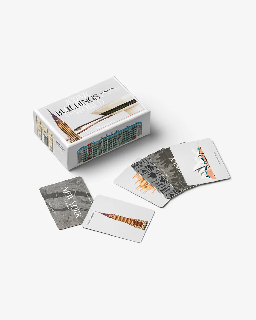 Gioco memory Printworks Iconic Buildings con scatola e carte illustrate di edifici e città
