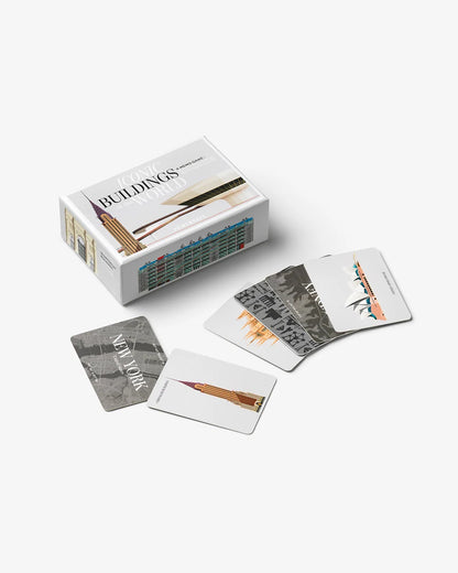 Gioco memory Printworks Iconic Buildings con scatola e carte illustrate di edifici e città