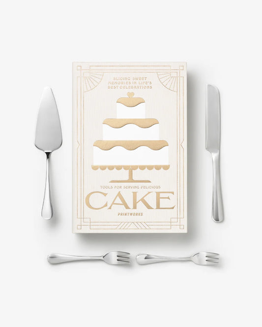 Foto laterale: Confezione a libro Printworks Cake Tools vista di lato con decorazione dorata