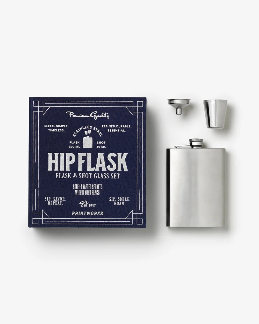 Printworks The Essentials Hip Flask con scatola blu scuro, fiaschetta in acciaio inox, imbuto e bicchierini
