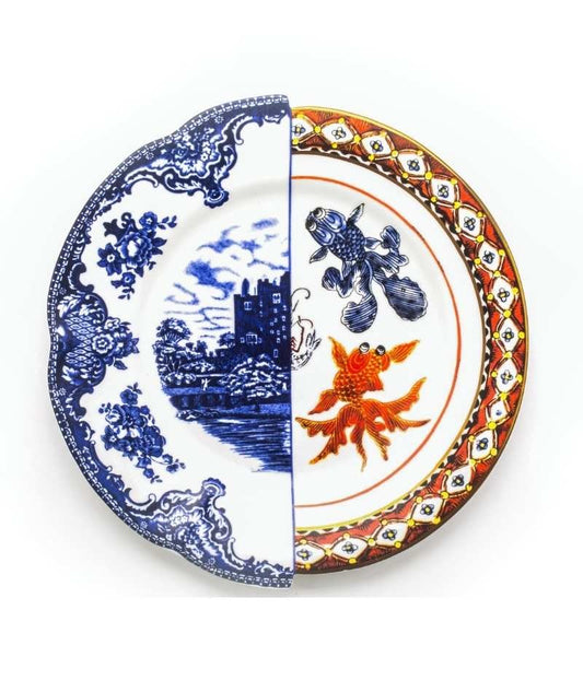 Piatto piano Isaura Seletti Hybrid con decoro blu e arancione, vista dall’alto