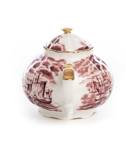 Teiera Smeraldina Seletti Hybrid con decoro bordeaux, vista lato manico