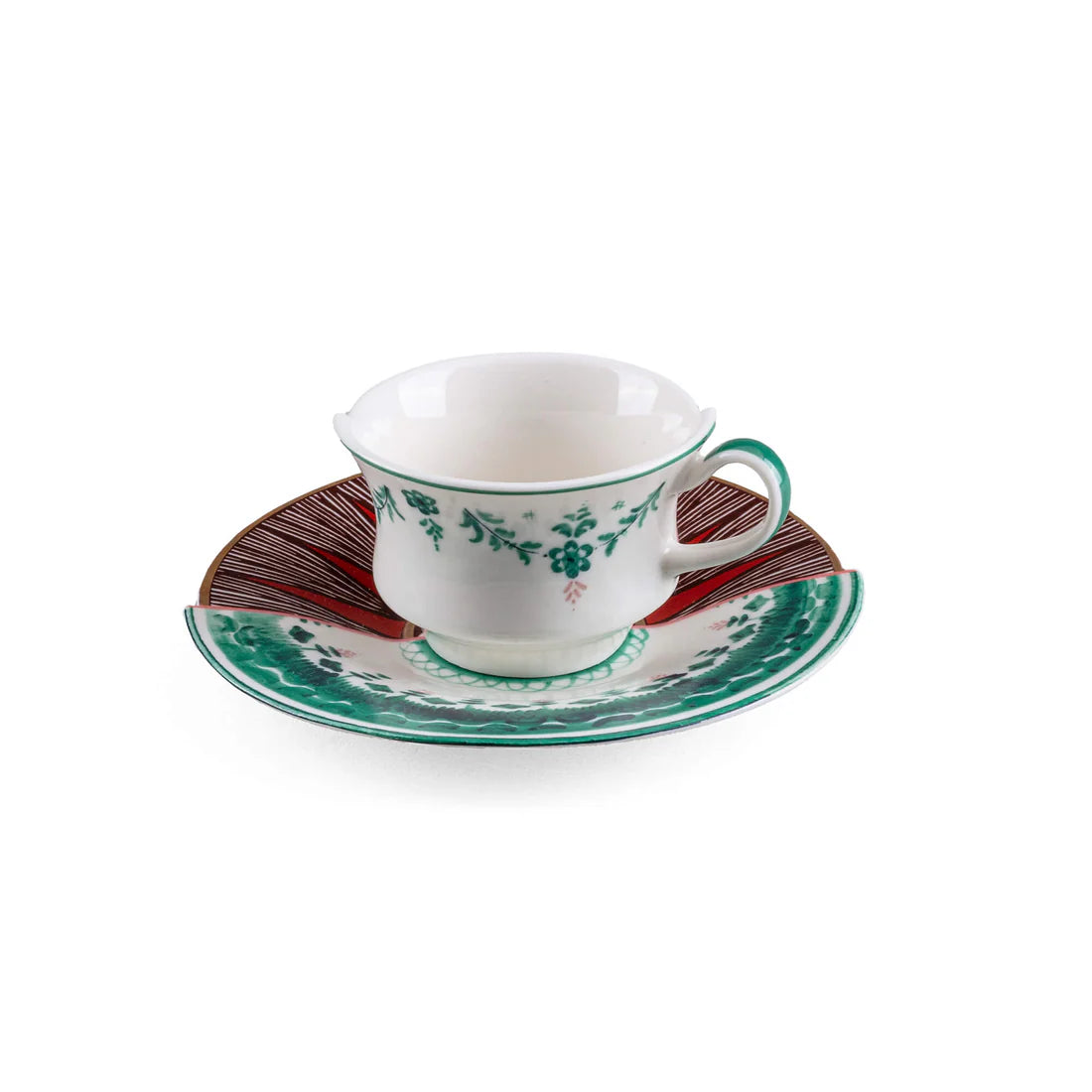 Vista laterale della tazzina da caffè Seletti Hybrid Chuchuito con piattino