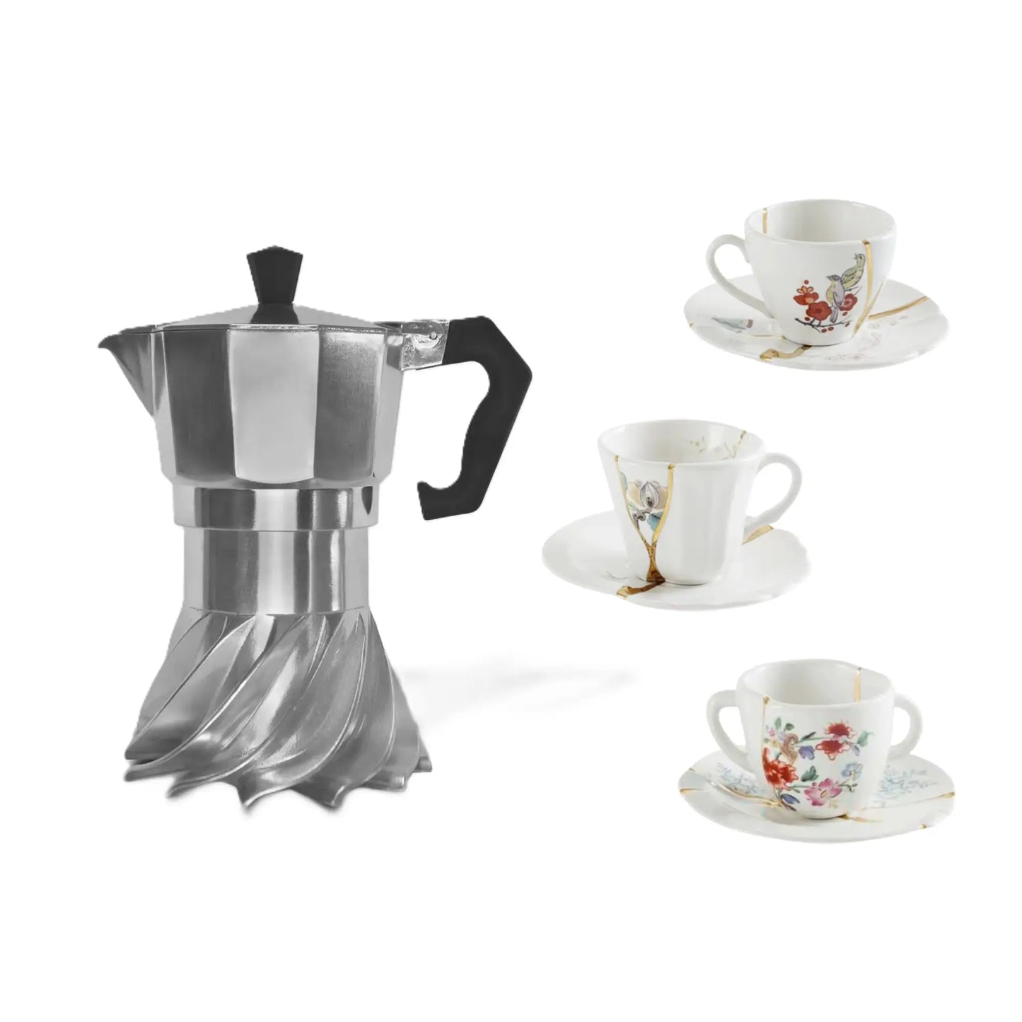 Set regalo caffè Turbo Moka 3 tazze, 3 tazzine Seletti Kintsugi