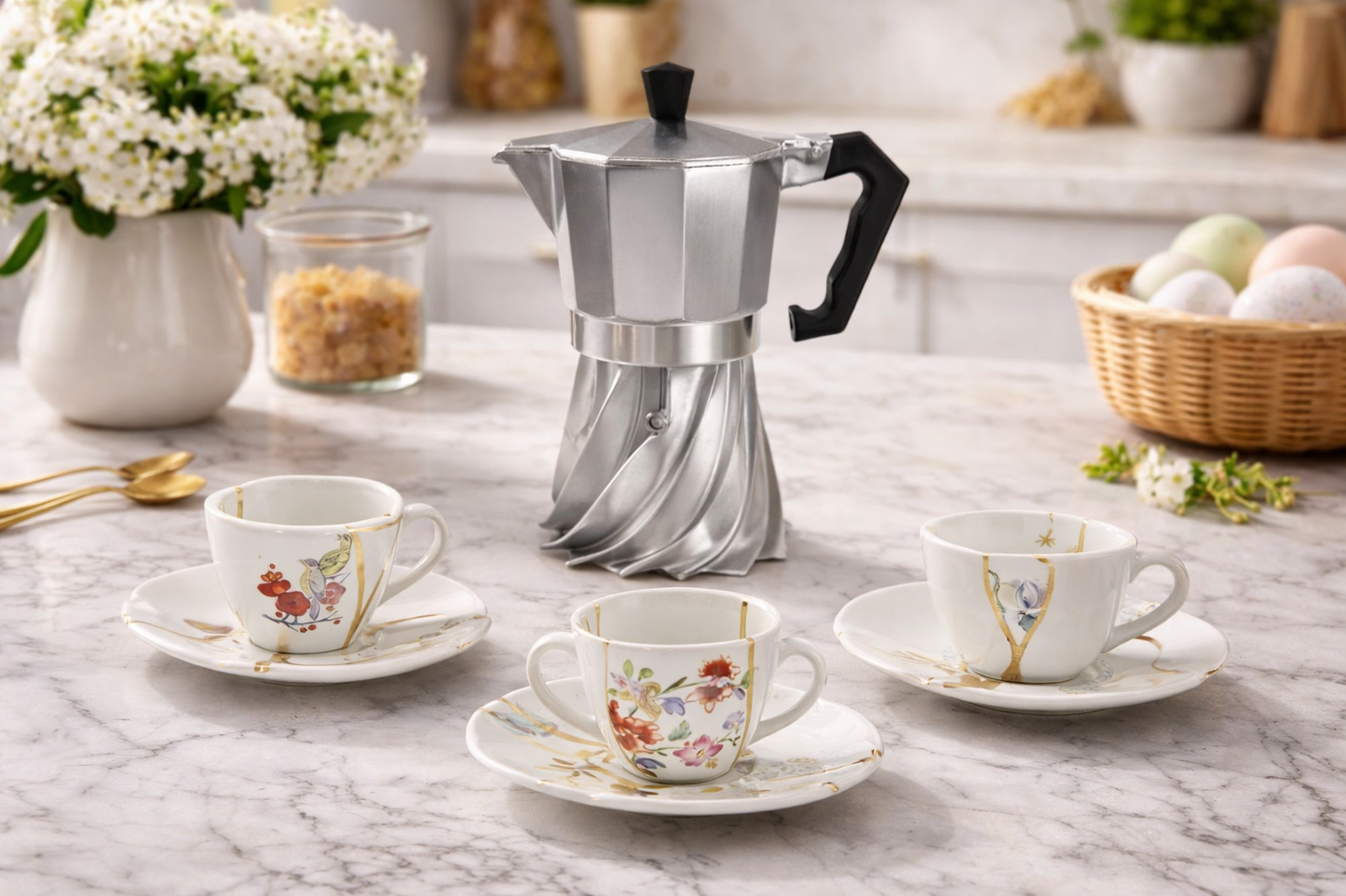 Set regalo caffè Turbo Moka 3 tazze, 3 tazzine Seletti Kintsugi