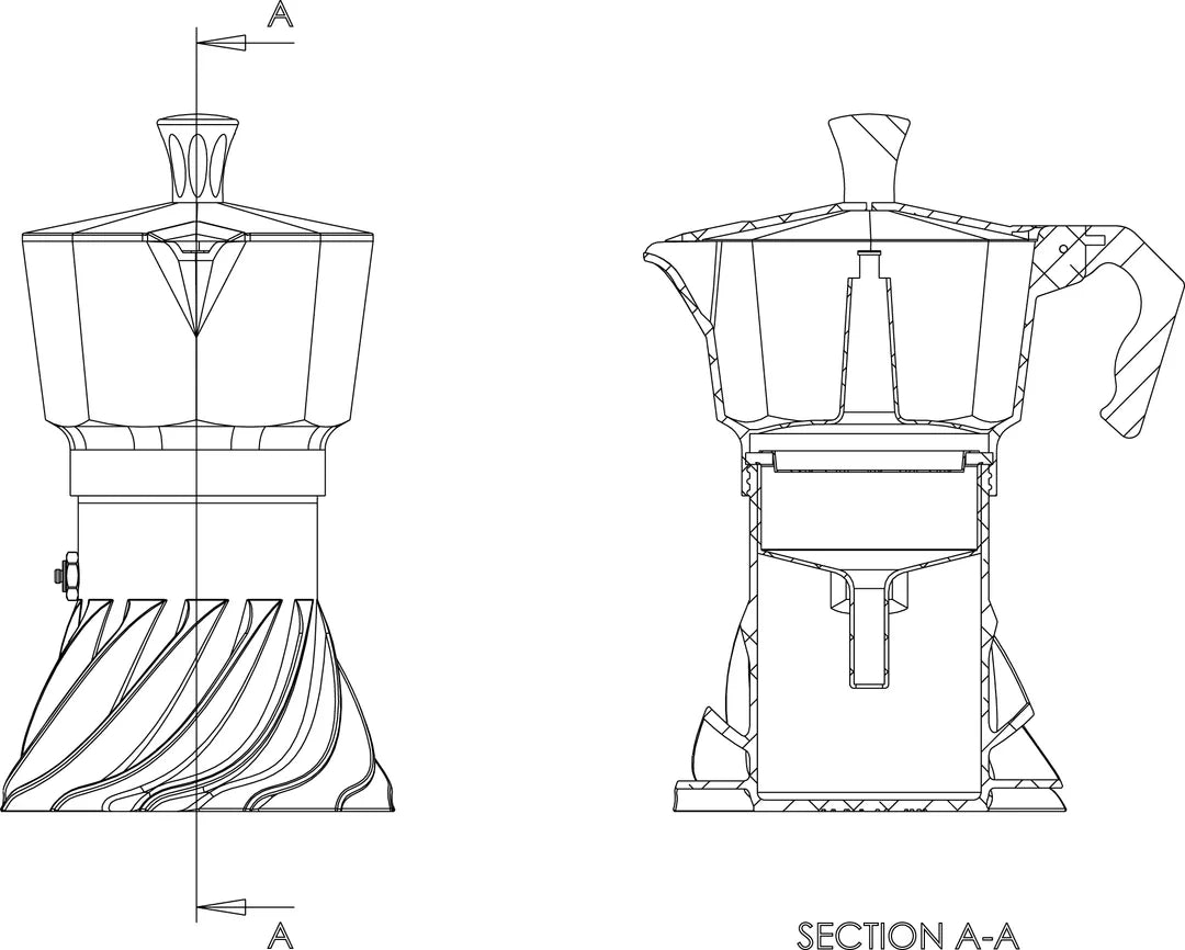 Disegno tecnico della Turbo Moka TM2 e della sua struttura