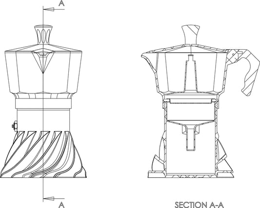 Disegno tecnico della Turbo Moka TM2 e della sua struttura