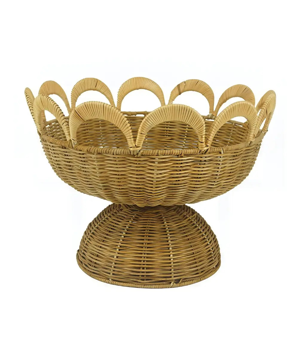 Cestino decorativo rotondo in rattan naturale con bordo ondulato