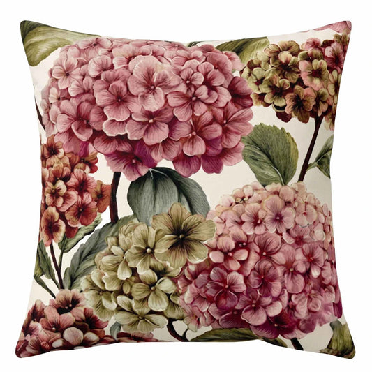 Cuscino Hydrangea Dream Vanilla Fly in velluto 50x50 cm. Ortensie rosa e verdi su fondo chiaro. Zip nascosta.